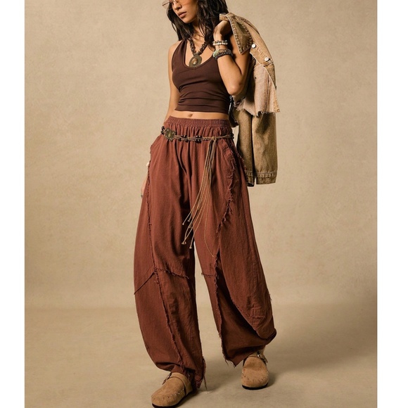Boho Rust Brown Solid Stretchy waist Pockets Frayed Detail Harem Pants - Picture 1 of 10